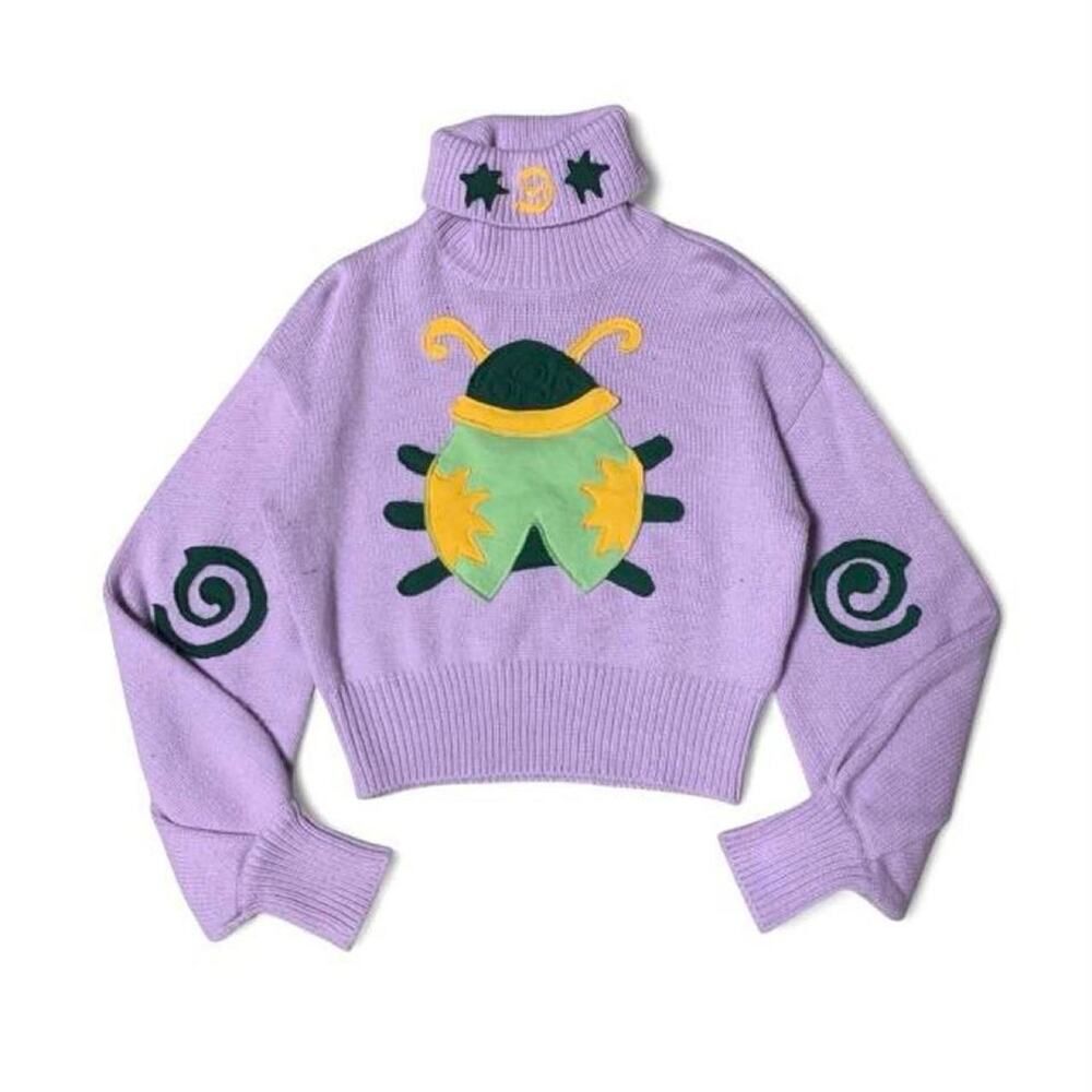 Upcycled beetle patchwork purple knit sweater bug lovers
